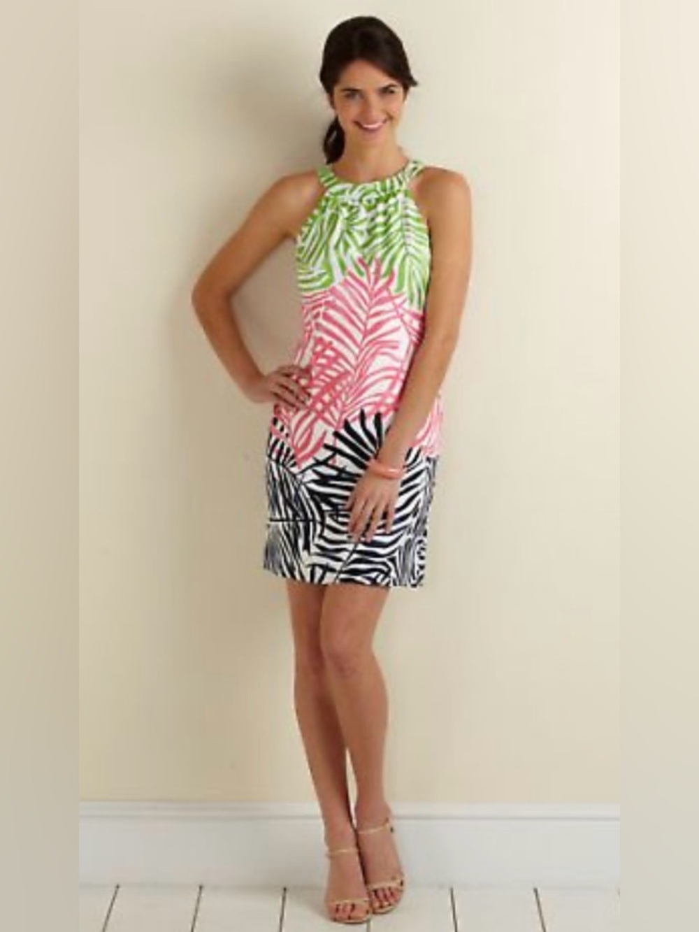 Vineyard Vines 100% Silk Palm Leaves Print Halter Dress Size 8 pink green navy